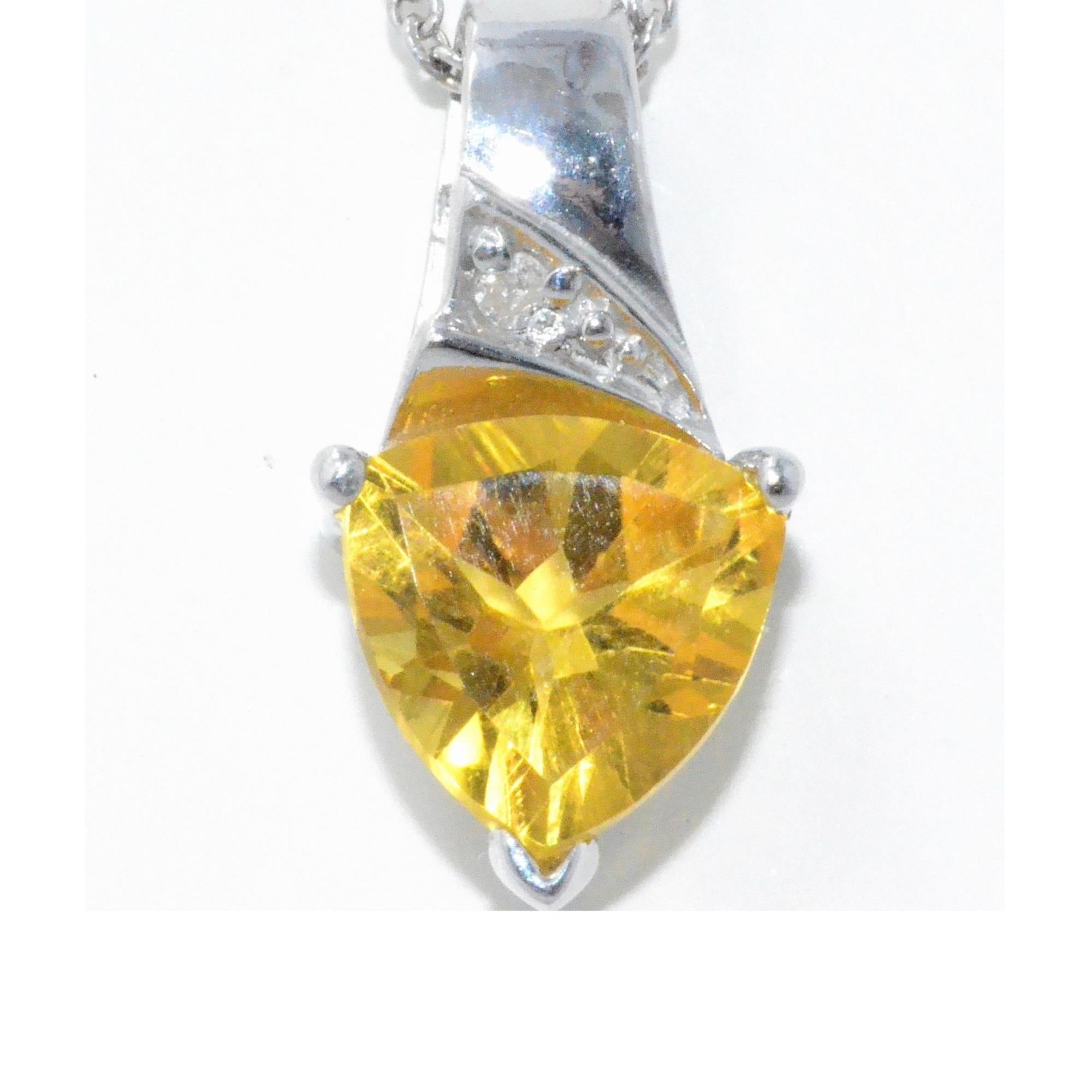 14Kt Gold 1.5 Ct Yellow Citrine & Diamond Trillion Pendant Necklace