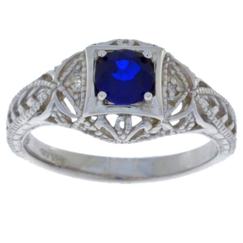 0.50 Ct Blue Sapphire & Diamond Round Ring .925 Sterling Silver