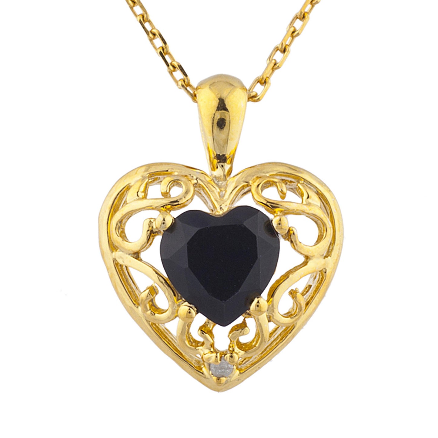 14Kt Yellow Gold Plated Genuine Black Onyx & Diamond Love Design Heart Pendant