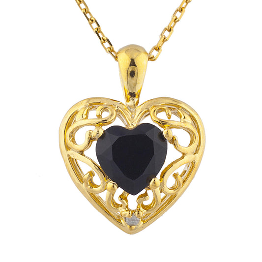 14Kt Yellow Gold Plated Genuine Black Onyx & Diamond Love Design Heart Pendant