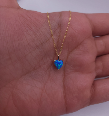 14Kt Gold Blue Opal Heart Pendant Necklace