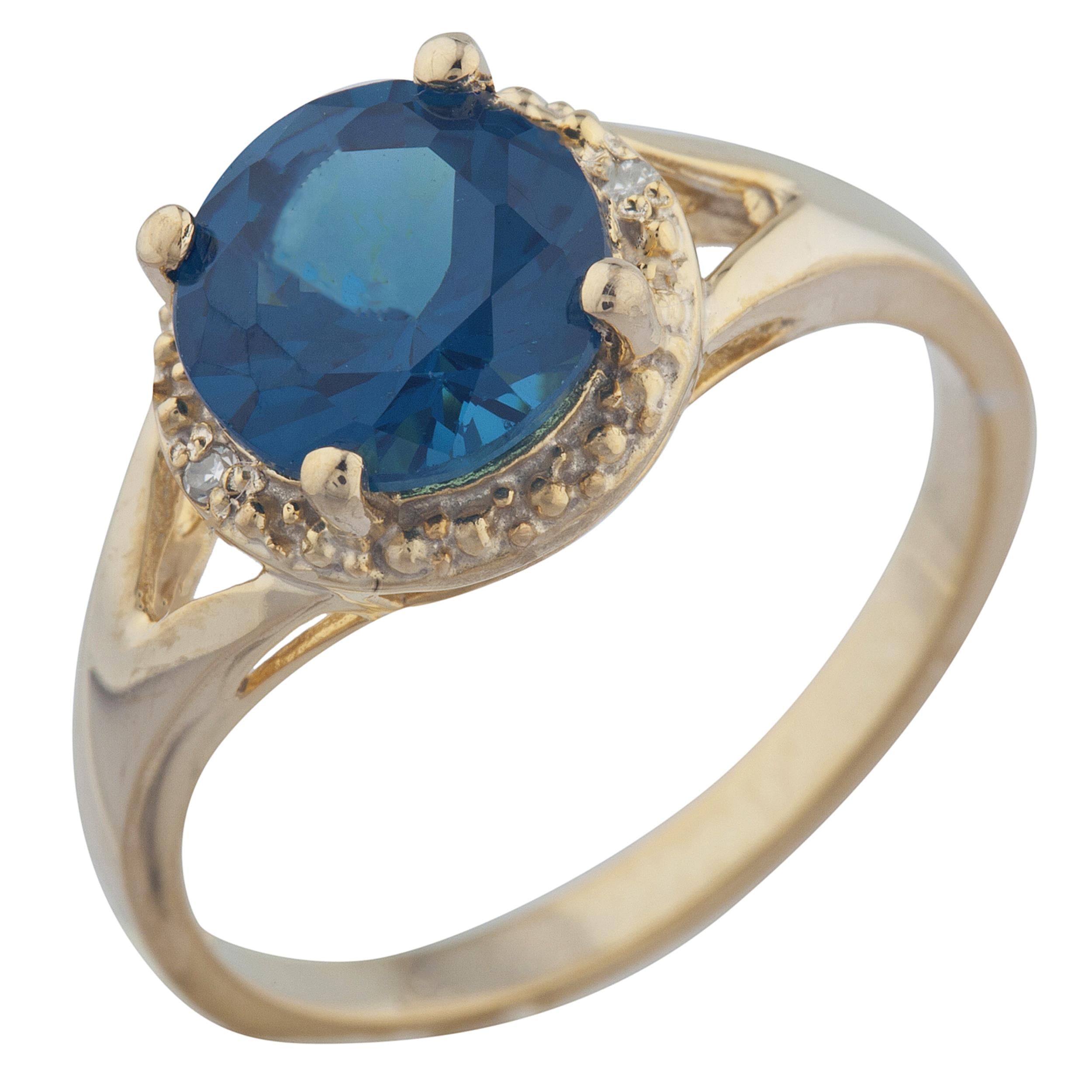 14Kt Gold 2 Ct London Blue Topaz & Diamond Halo Design Round Ring