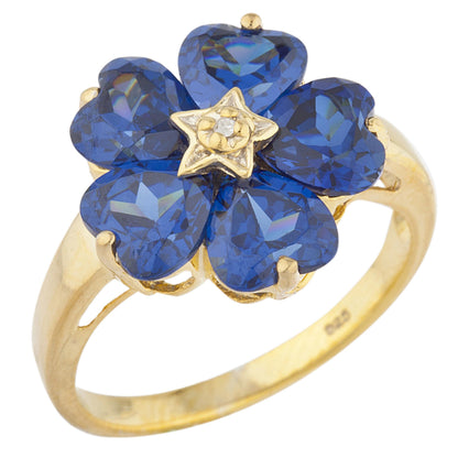 14Kt Gold Blue Sapphire & Diamond Heart Flower Design Ring