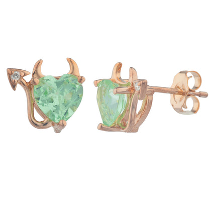 14Kt Gold Green Sapphire & Diamond Devil Heart Stud Earrings