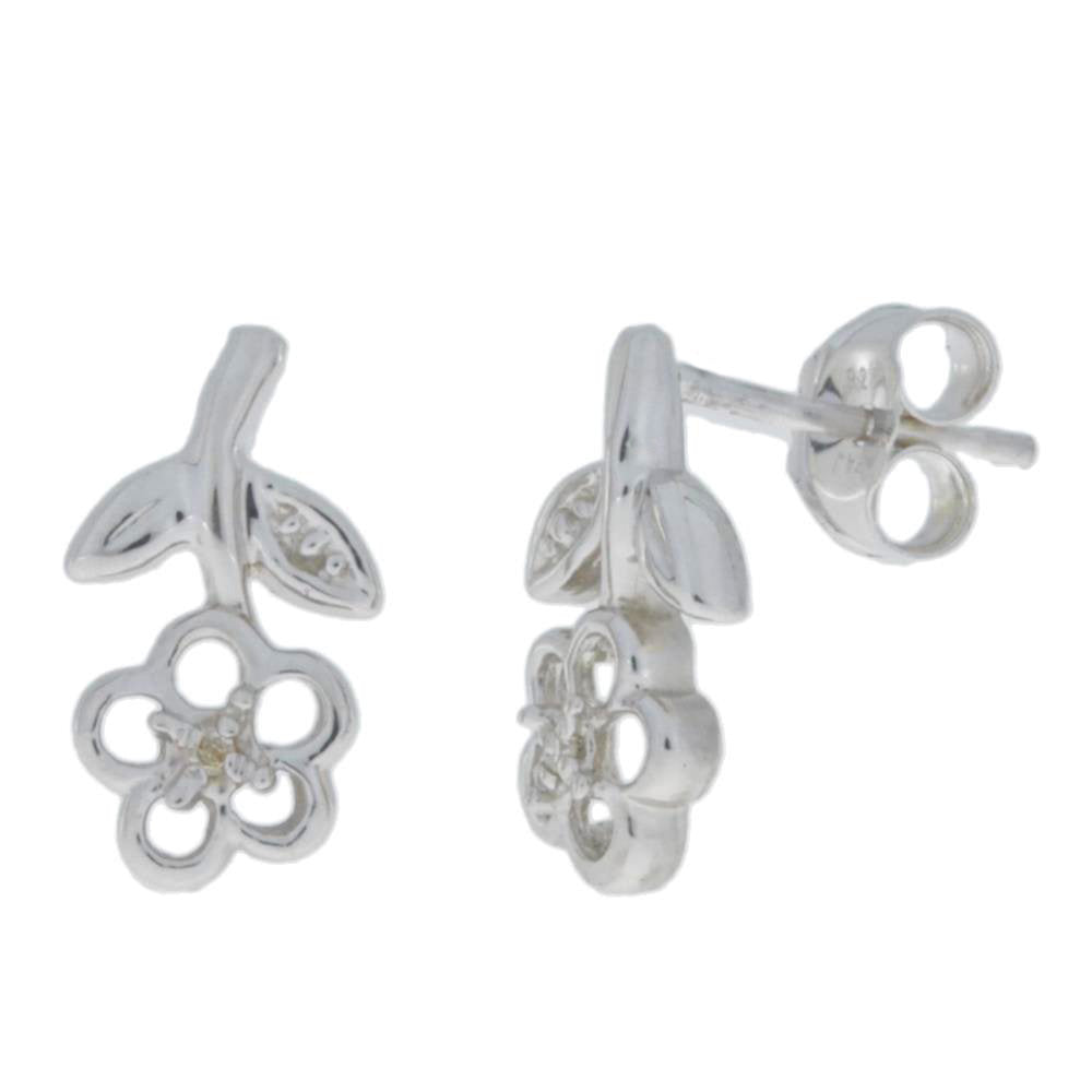 Natural Diamond Flower Stud Earrings .925 Sterling Silver