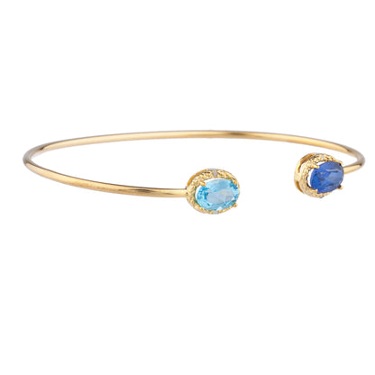 Blue Sapphire & Blue Topaz Diamond Bangle Oval Bracelet 14Kt Yellow Gold Plated Over .925 Sterling Silver