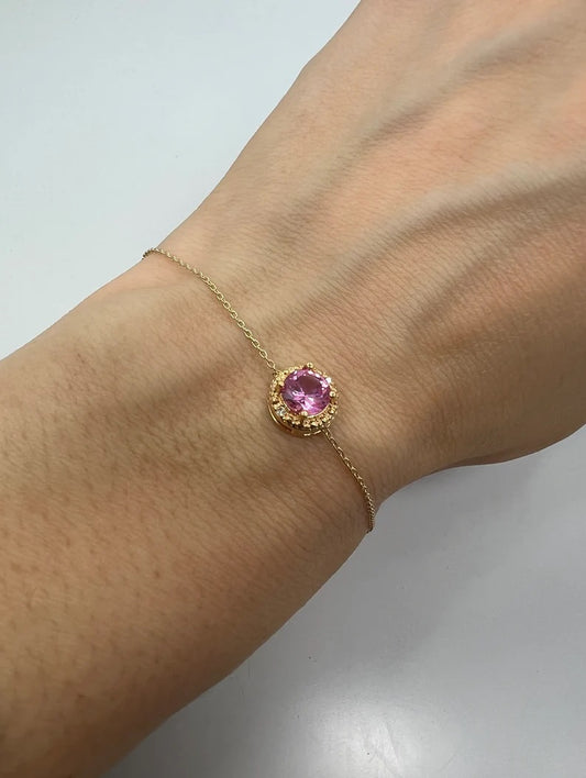 14Kt Gold Pink Sapphire & Diamond Round Bracelet