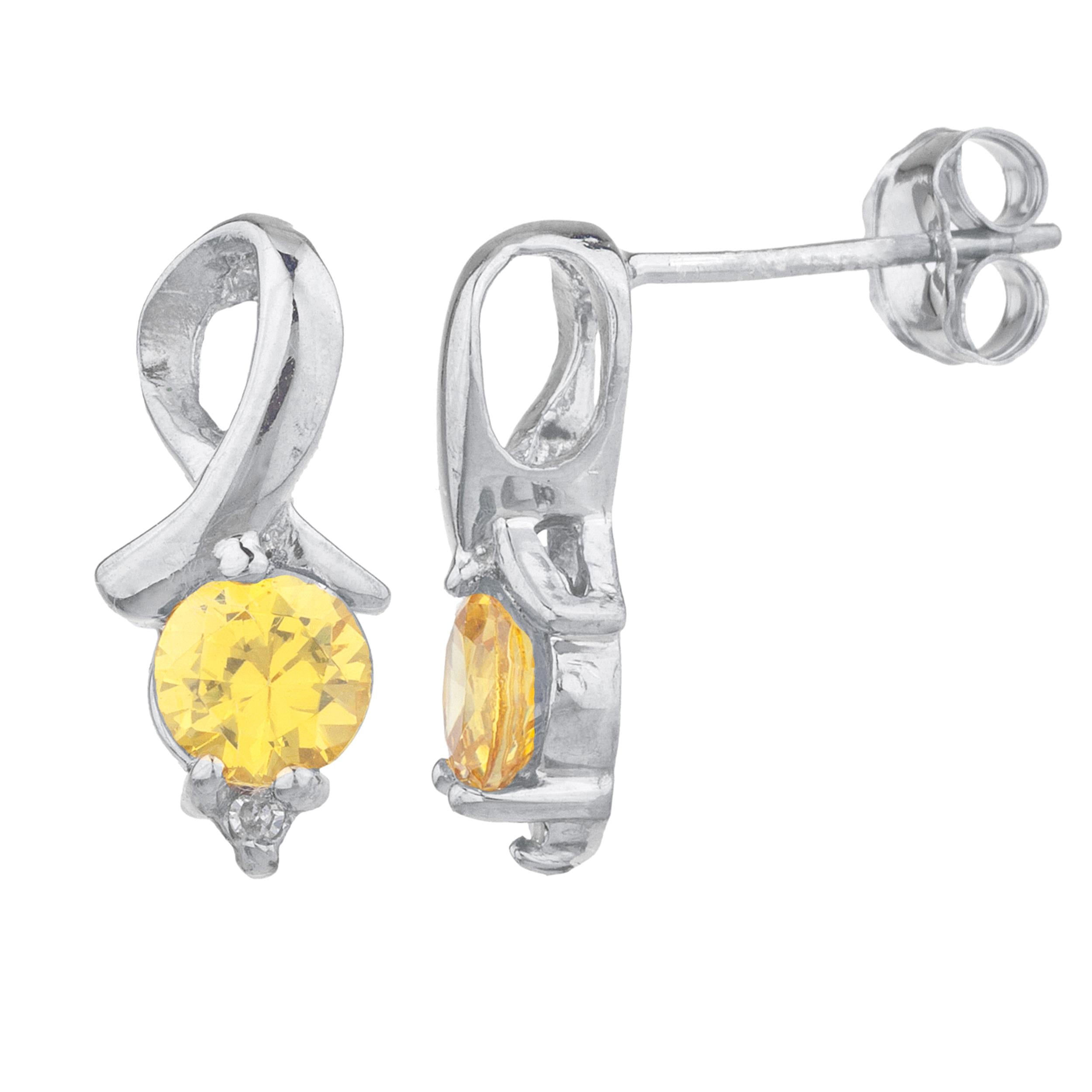 14Kt Gold Yellow Citrine & Diamond Round Design Stud Earrings