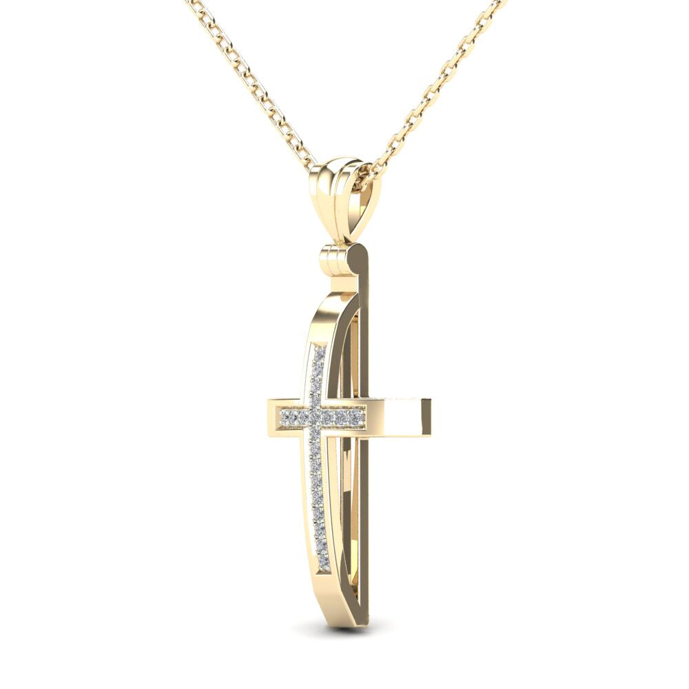 14Kt Yellow Gold Genuine Natural Diamond Cross Pendant Necklace