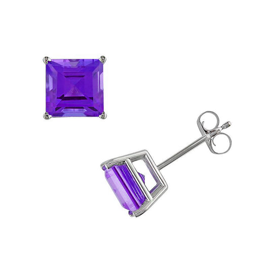 14Kt White Gold Amethyst Princess Cut Stud Earrings