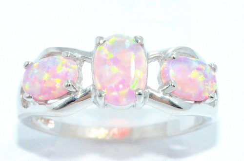 3 Pink Opal Oval Ring .925 Sterling Silver Rhodium Finish