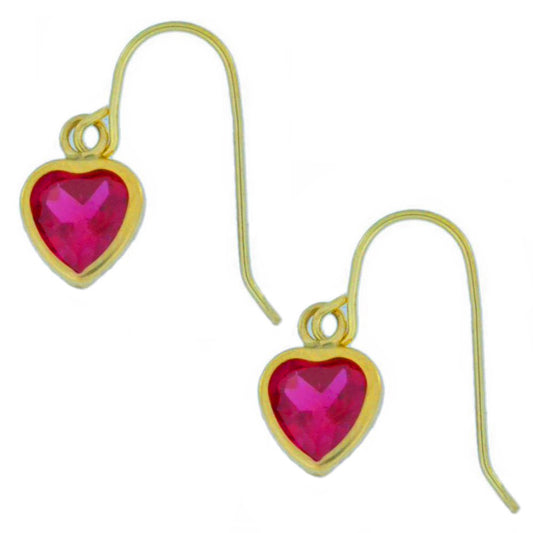 14Kt Yellow Gold Ruby Heart Bezel Dangle Earrings