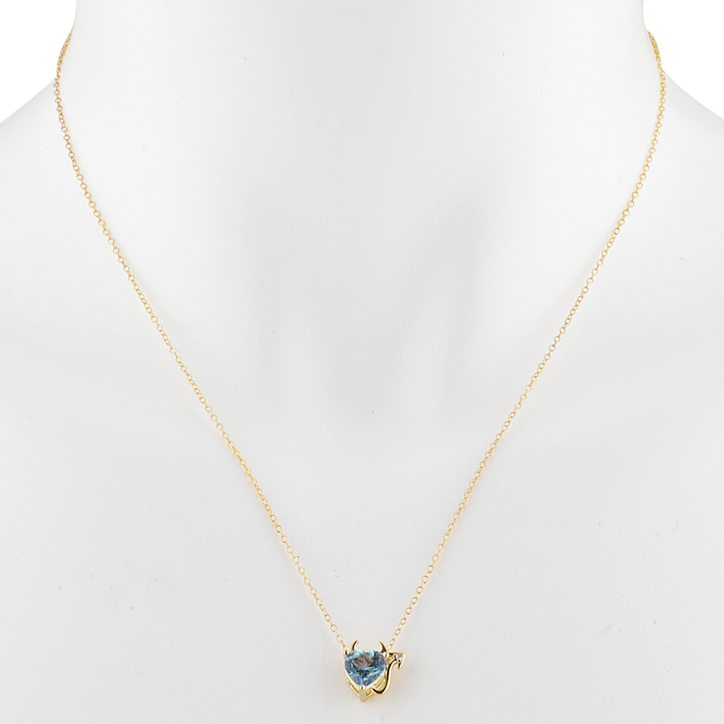 14Kt Gold 1.5 Ct Natural Blue Mystic Topaz & Diamond Devil Heart Pendant Necklace