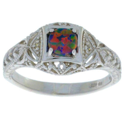 Black Opal & Diamond Round Ring .925 Sterling Silver