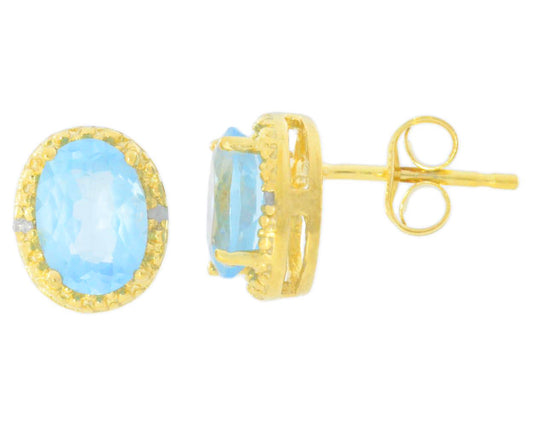 2 Ct Blue Topaz & Diamond Oval Stud Earrings 14Kt Yellow Gold Plated