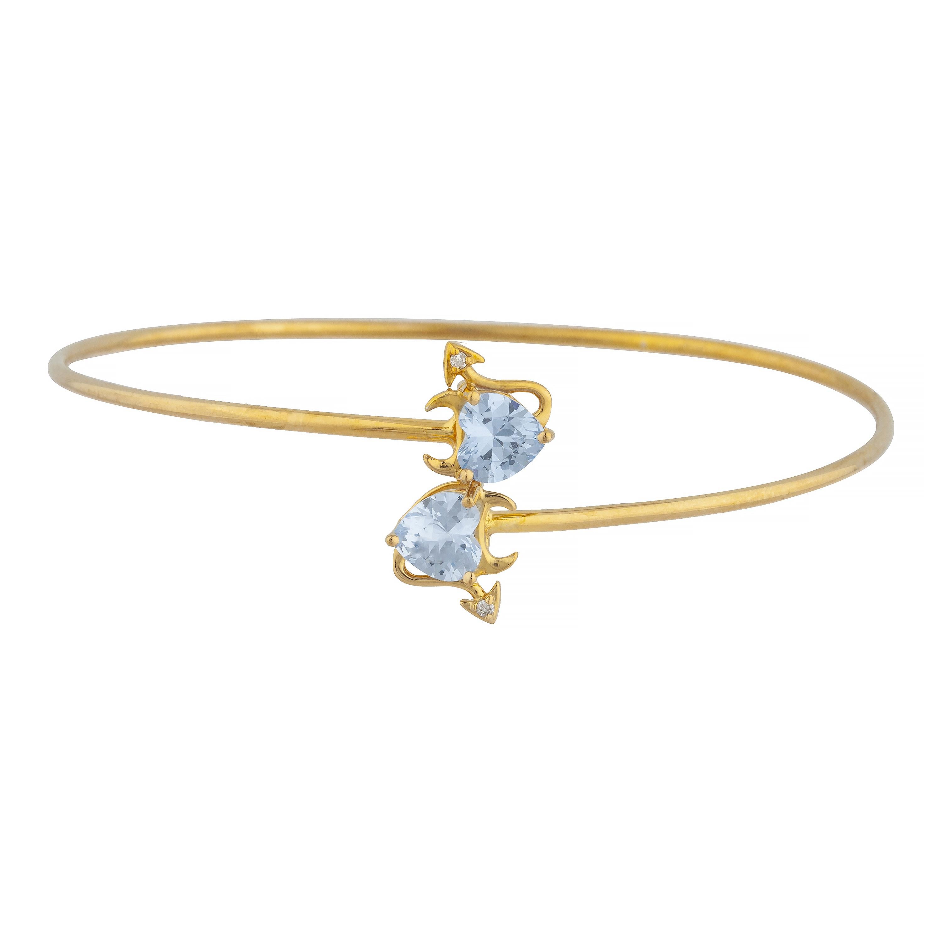 Genuine Aquamarine & Diamond Devil Heart Bangle Bracelet 14Kt Yellow Gold Rose Gold Silver
