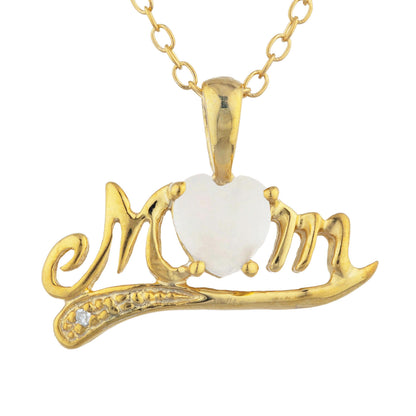 14Kt Gold Genuine Opal & Diamond Heart Mom Pendant Necklace