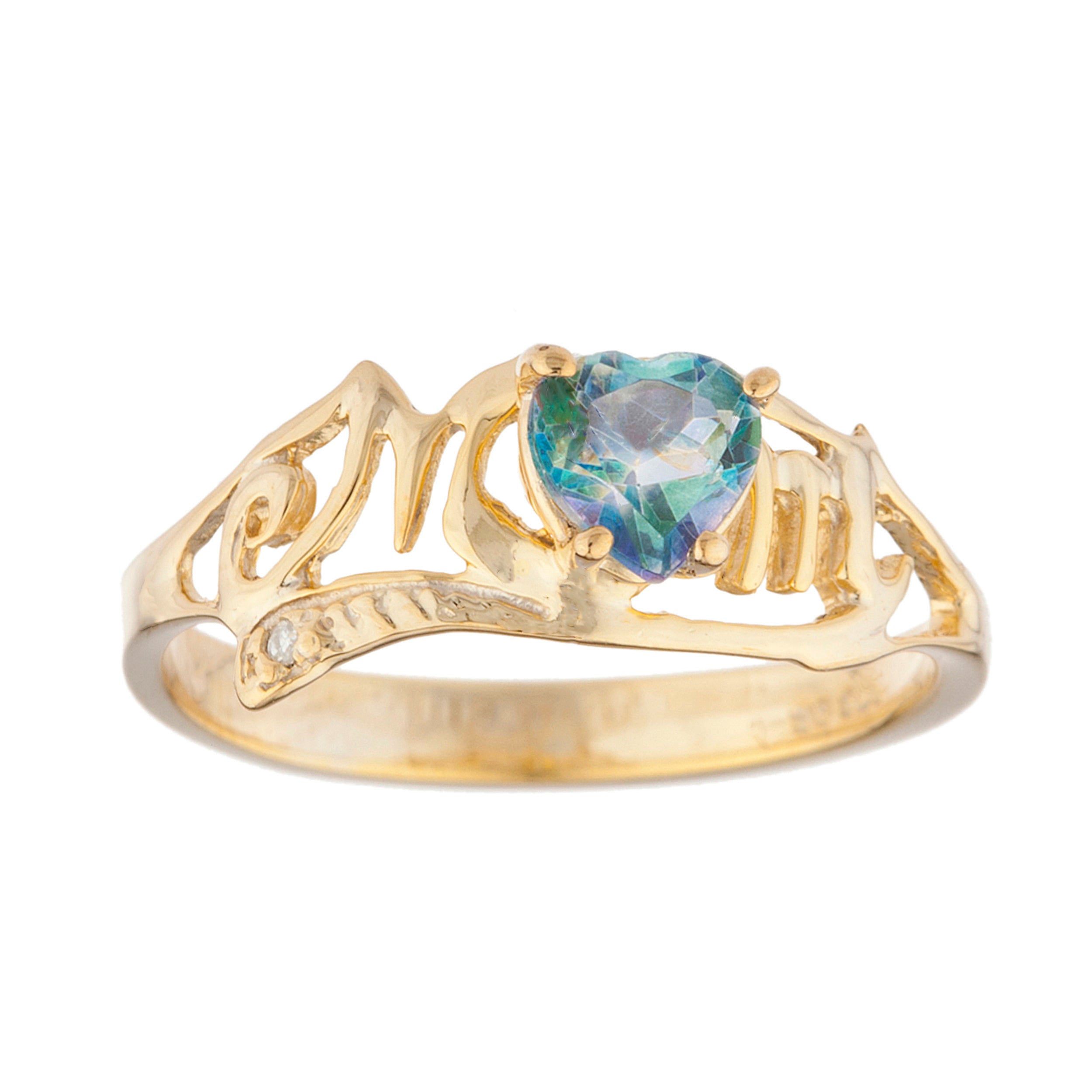 14Kt Gold Natural Blue Mystic Topaz & Diamond Heart Mom Ring