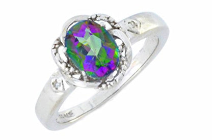 2 Ct Mystic Topaz & Diamond Oval Ring .925 Sterling Silver Rhodium Finish