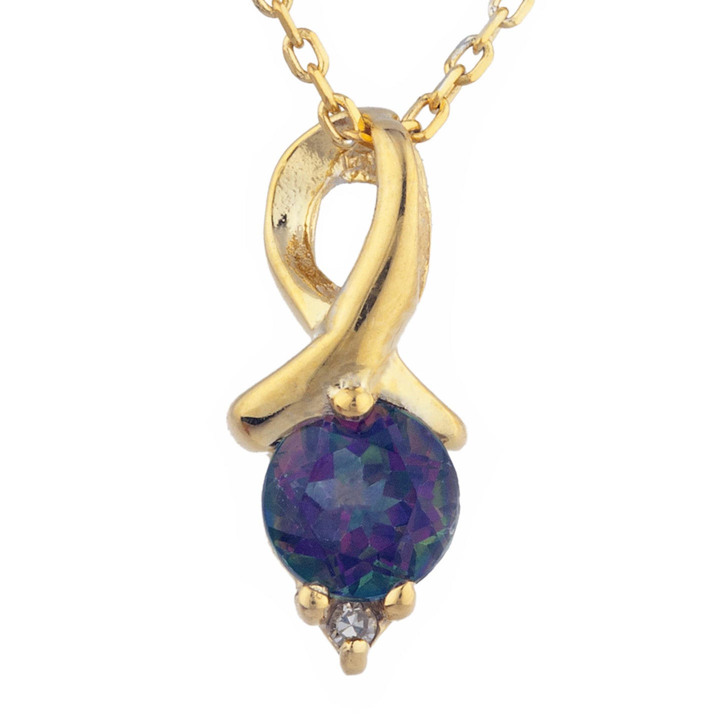 14Kt Yellow Gold Plated Natural Mystic Topaz & Diamond Round Design Pendant