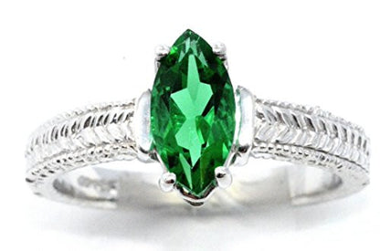 1 Ct Created Emerald Marquise Ring .925 Sterling Silver Rhodium Finish