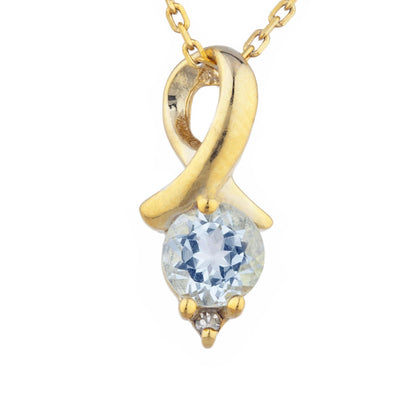 14Kt Gold Genuine Aquamarine & Diamond Round Design Pendant Necklace