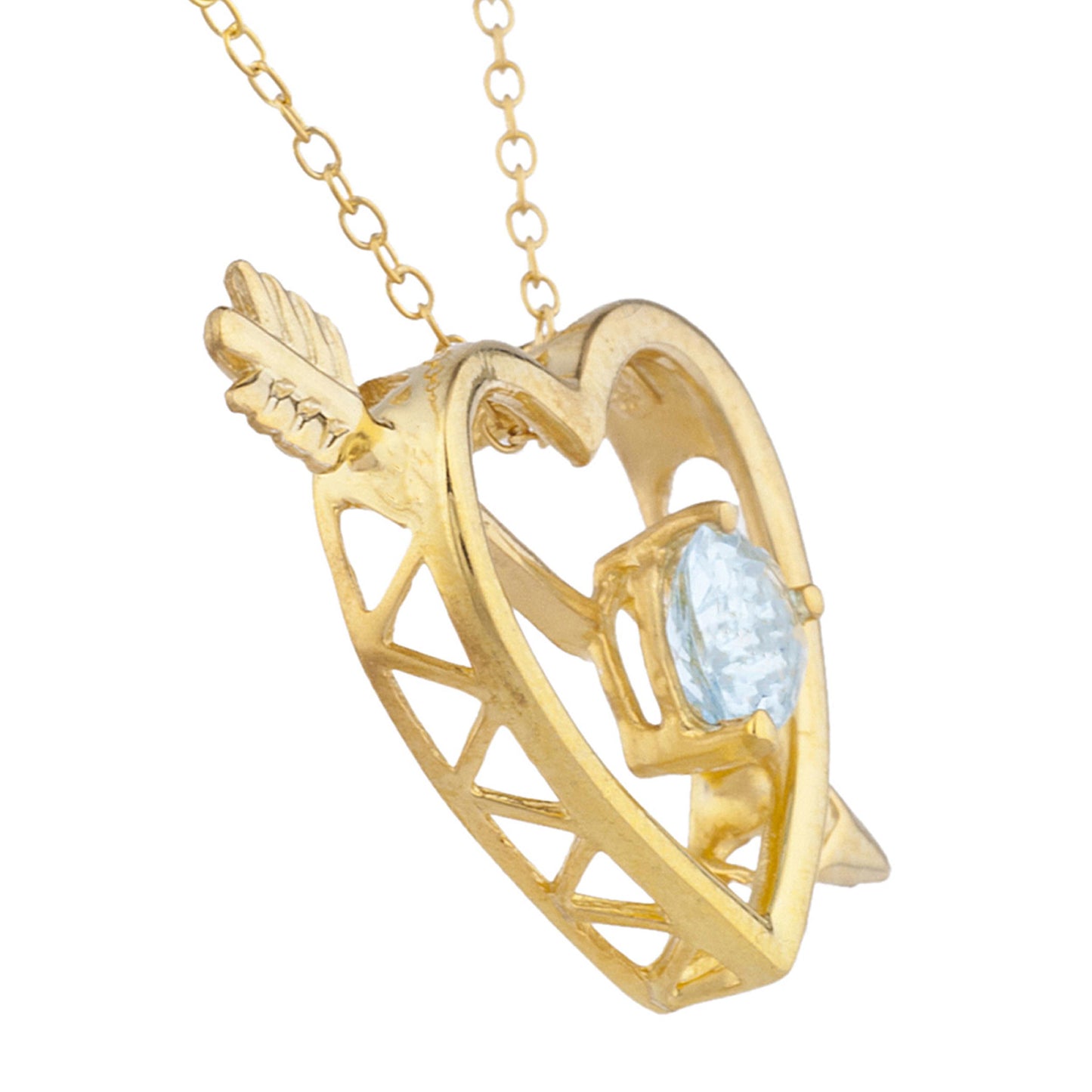 14Kt Gold Genuine Aquamarine Heart Bow & Arrow Pendant Necklace