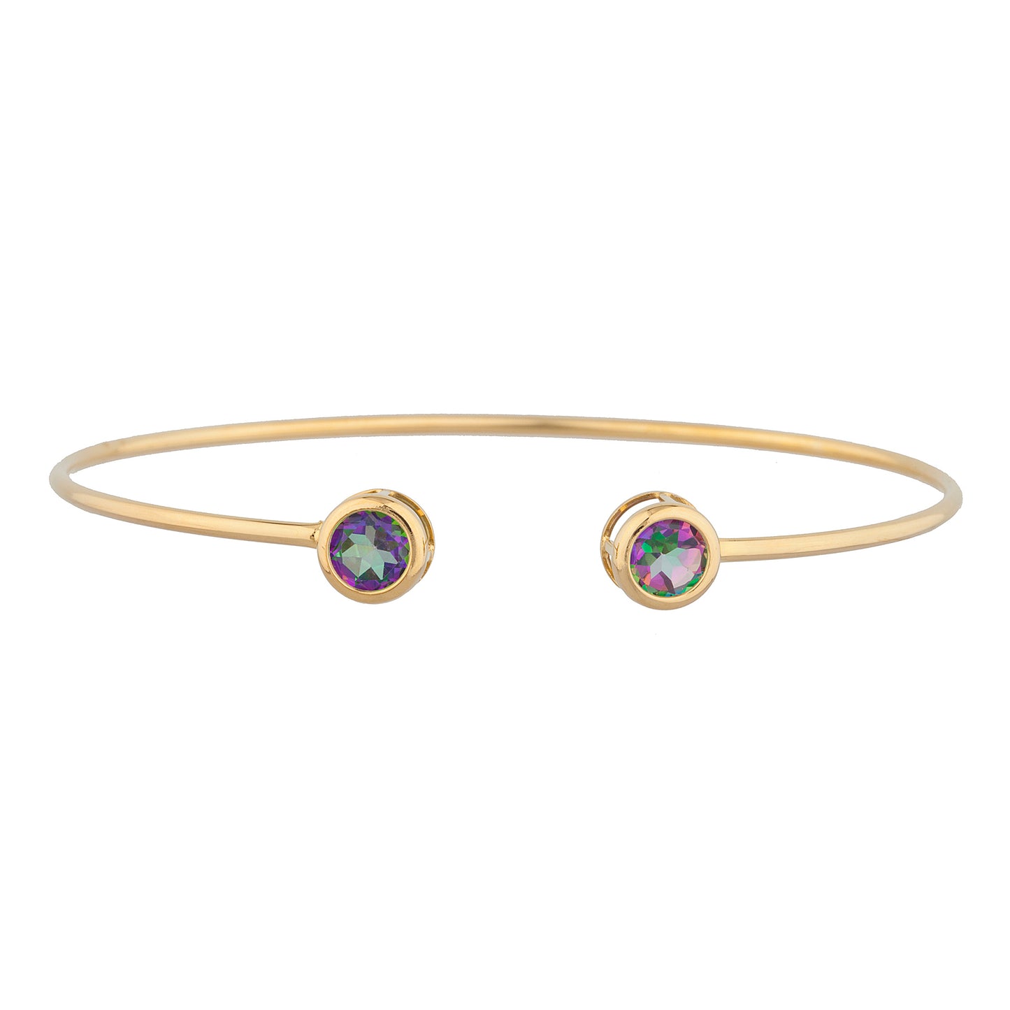 14Kt Gold Natural Mystic Topaz Round Bezel Bangle Bracelet