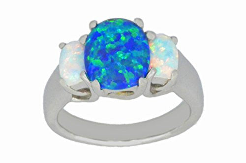 10x8mm Blue Opal & White Opal Oval Ring .925 Sterling Silver Rhodium Finish