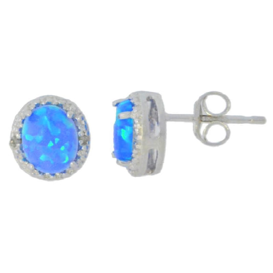 Blue Opal & Diamond Round Stud Earrings 14Kt White Gold