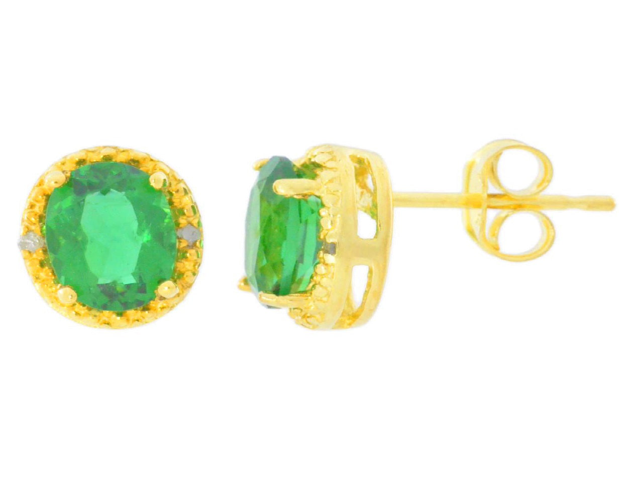 2 Ct Emerald & Diamond Round Stud Earrings 14Kt Yellow Gold