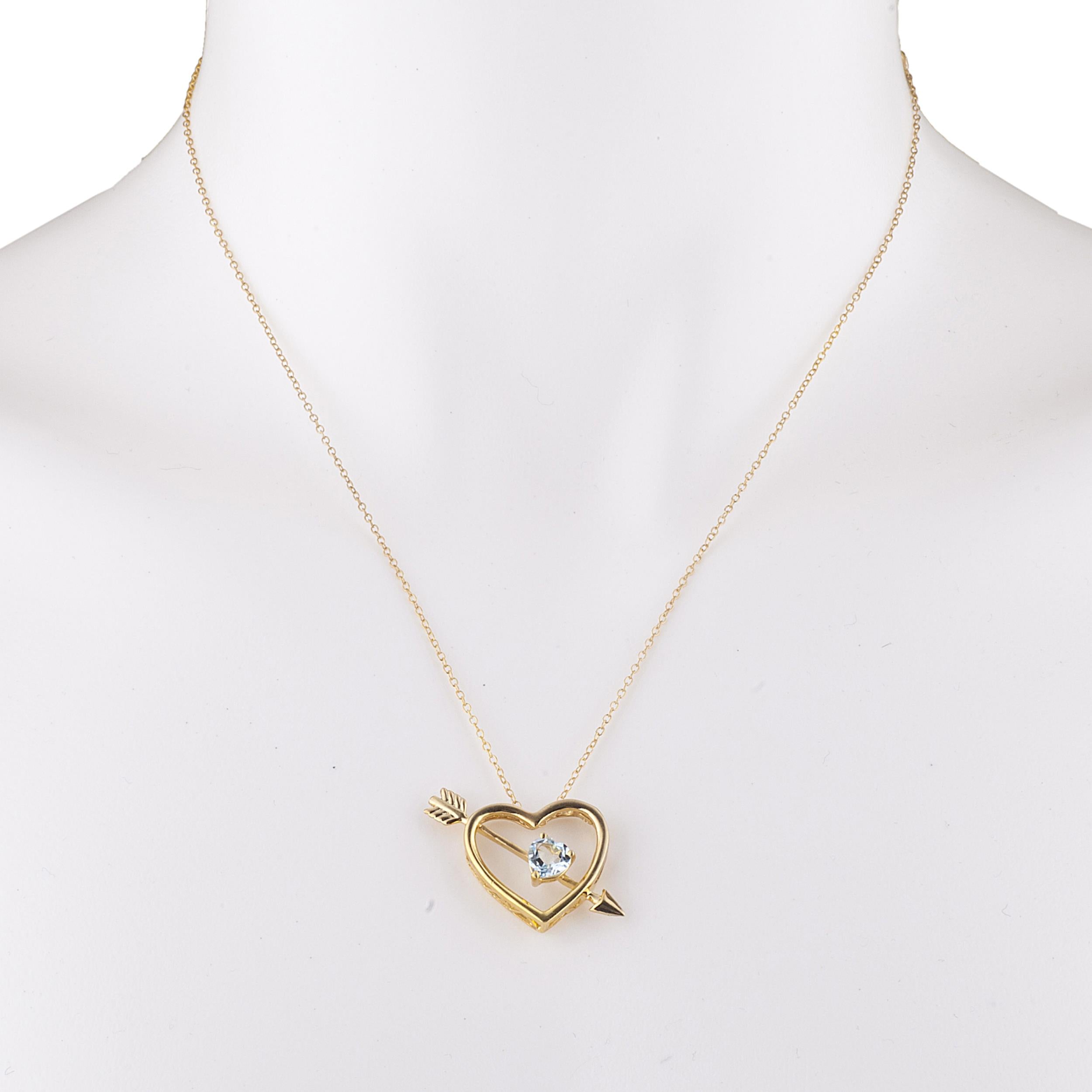 14Kt Gold Genuine Aquamarine Heart Bow & Arrow Pendant Necklace