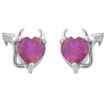 14Kt Gold Created Ruby & Diamond Devil Heart Stud Earrings