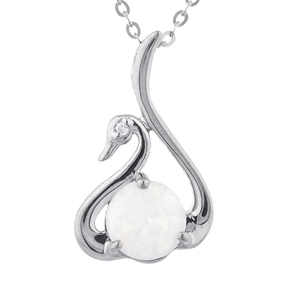 Genuine Opal & Diamond Swan Pendant .925 Sterling Silver