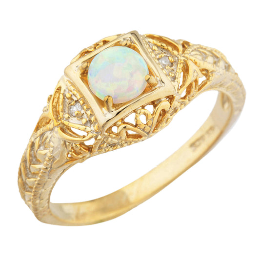 14Kt Gold Genuine Opal & Diamond Design Round Ring