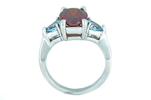 4 Ct Garnet Oval & Genuine Aquamarine Heart Ring .925 Sterling Silver Rhodium Finish