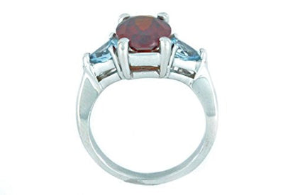 4 Ct Garnet Oval & Genuine Aquamarine Heart Ring .925 Sterling Silver Rhodium Finish