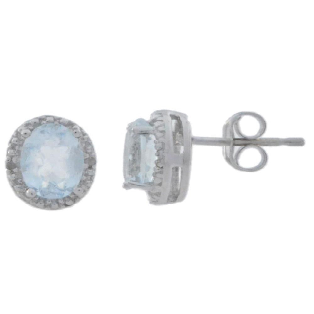 1.5 Ct Genuine Aquamarine & Diamond Round Stud Earrings .925 Sterling Silver