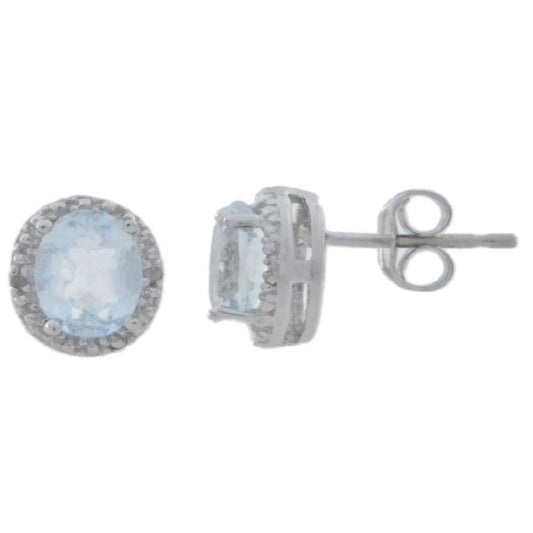 1.5 Ct Genuine Aquamarine & Diamond Round Stud Earrings .925 Sterling Silver