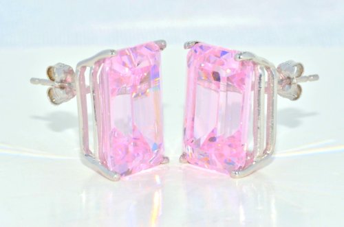 4 Carat Pink Topaz Princess Cut Stud Earrings .925 Sterling Silver Rhodium Fi...