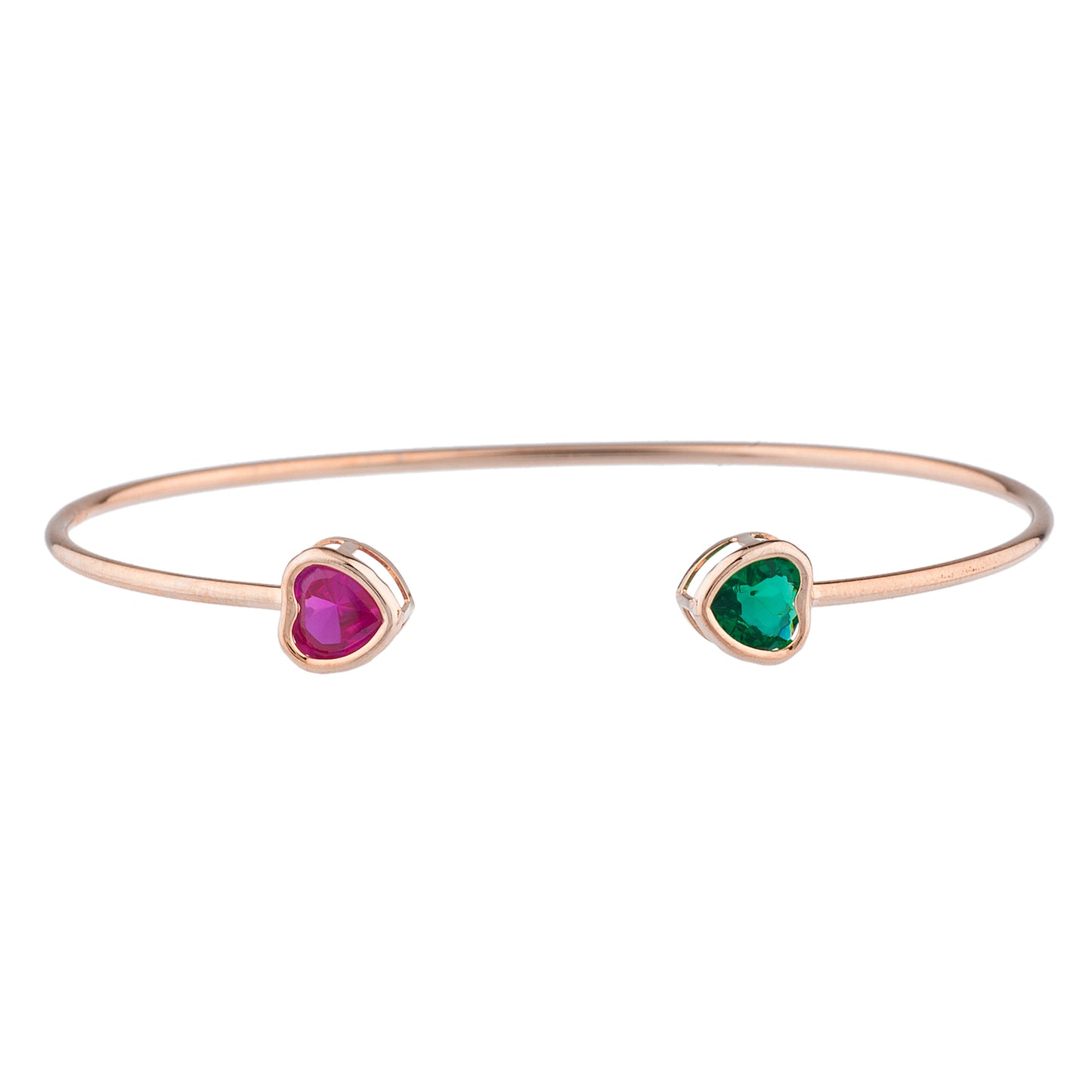 Created Ruby & Emerald Heart Bezel Bangle Bracelet 14Kt Rose Gold Plated Over .925 Sterling Silver