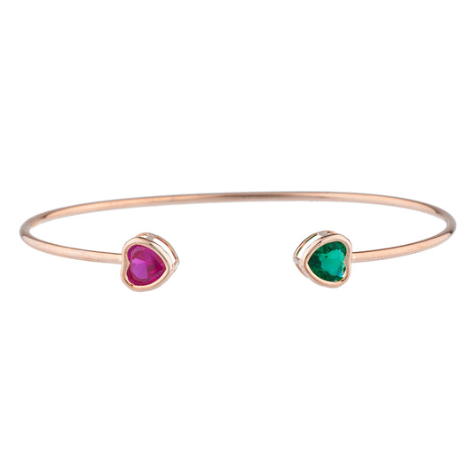 Created Ruby & Emerald Heart Bezel Bangle Bracelet 14Kt Rose Gold Plated Over .925 Sterling Silver