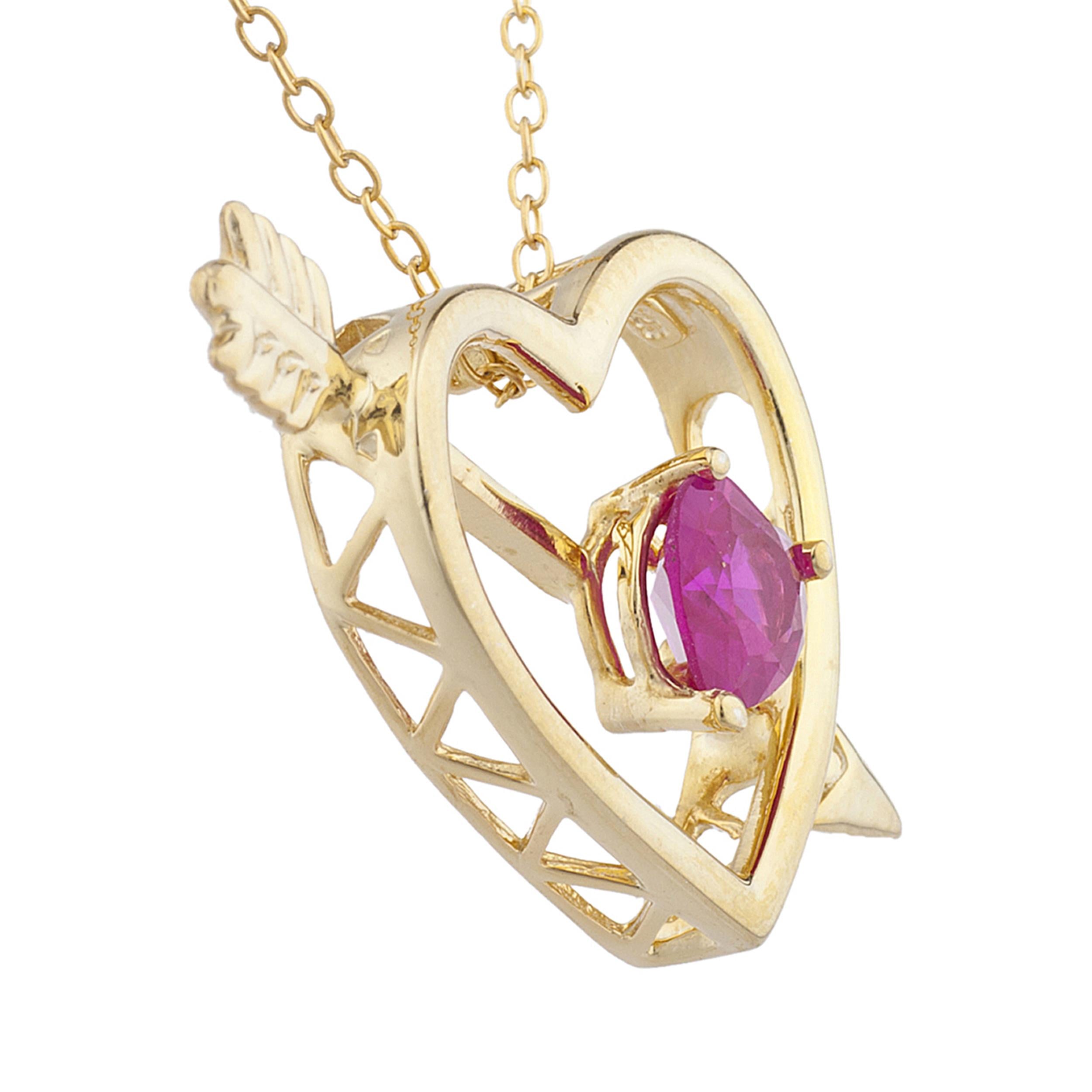 14Kt Gold Created Ruby Heart Bow & Arrow Pendant Necklace