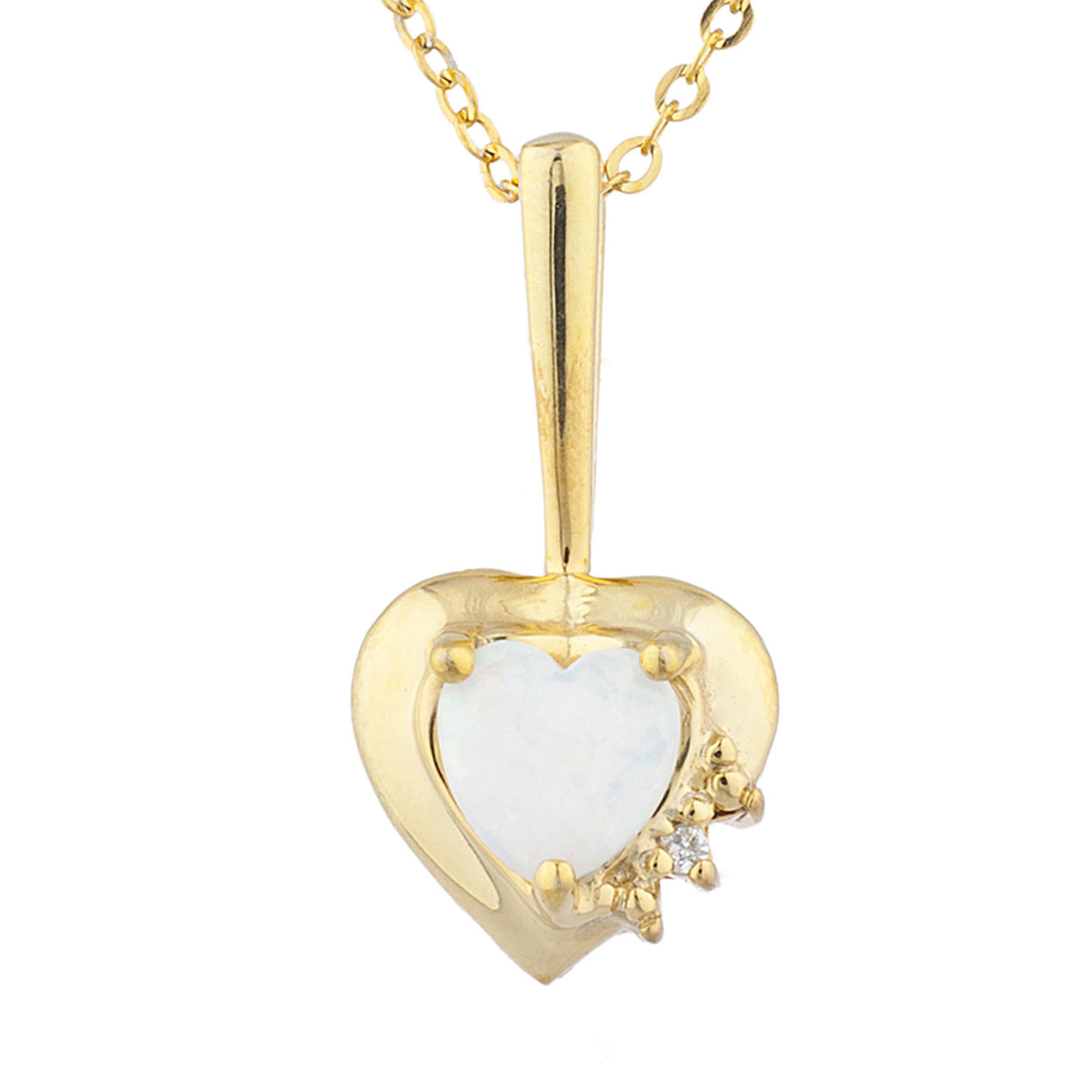 14Kt Gold Genuine Opal & Diamond Heart Design Pendant Necklace
