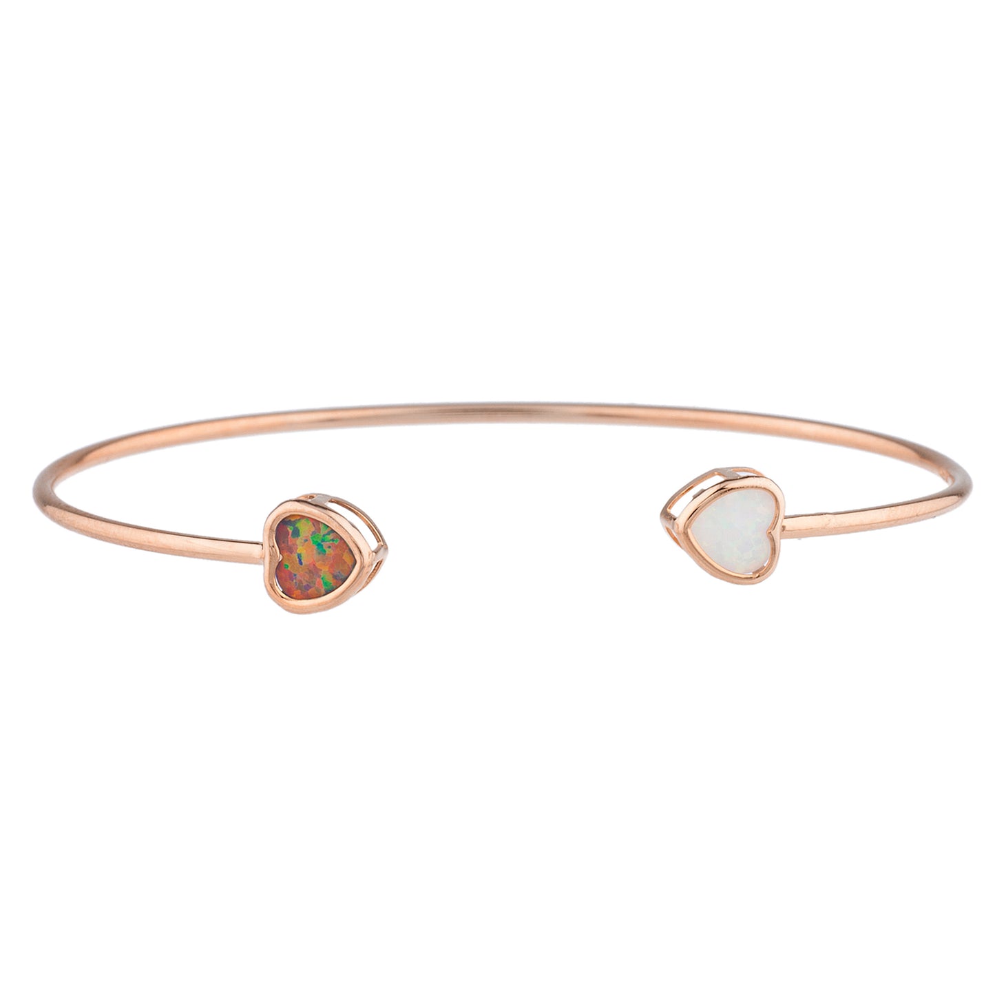 Black & White Opal Heart Bezel Bangle Bracelet 14Kt Rose Gold Plated Over .925 Sterling Silver