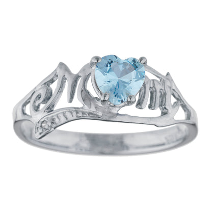 14Kt Gold Aquamarine & Diamond Heart Mom Ring