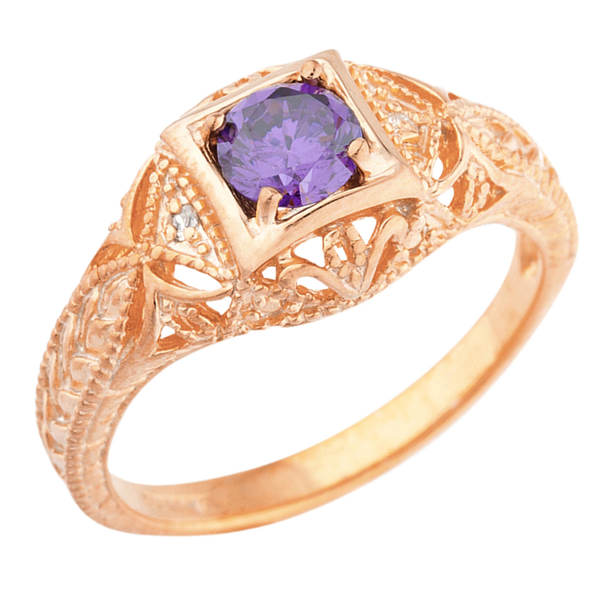 14Kt Gold Amethyst & Diamond Design Round Ring