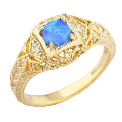 14Kt Gold Blue Opal & Diamond Design Round Ring