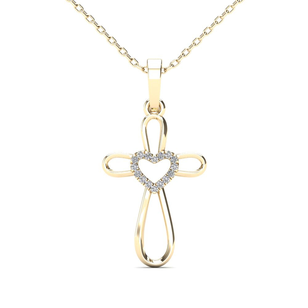 14Kt Yellow Gold Genuine Natural Diamond Cross Heart Pendant Necklace