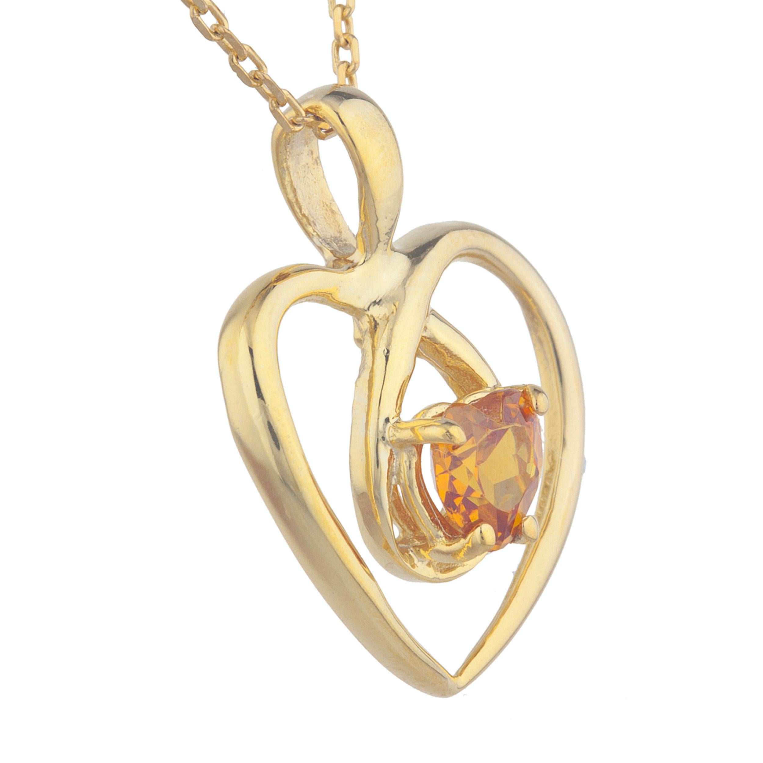 14Kt Gold Orange Citrine Heart Design Pendant Necklace